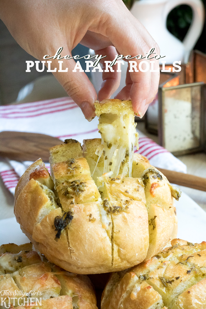 Cheesy Pesto Pull Apart Rolls, pesto, garlic and mozzarella combined with high quality olive oil make these pull apart rolls the star of any meal! from ThisSillyGirlsKitchen.com #ad #wherechefsshop