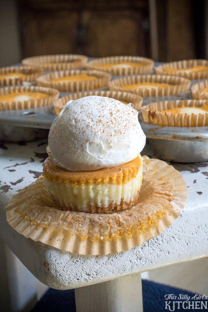 Close up of Pumpkin Cheesecake Cupcake on edge of table topped with whipped cream.