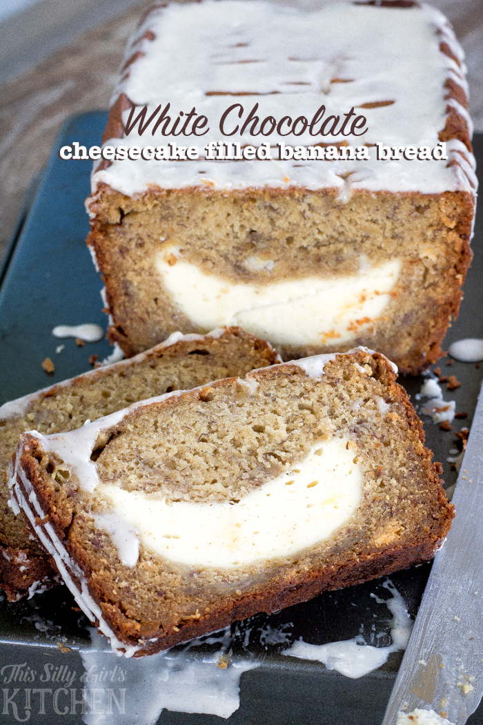 White Chocolate Cheesecake Filled Banana Bread, classic banana bread is trasformed with a white chocolate cheesecake filled center and vanilla bean glaze! from ThisSillyGirlsKitchen.com