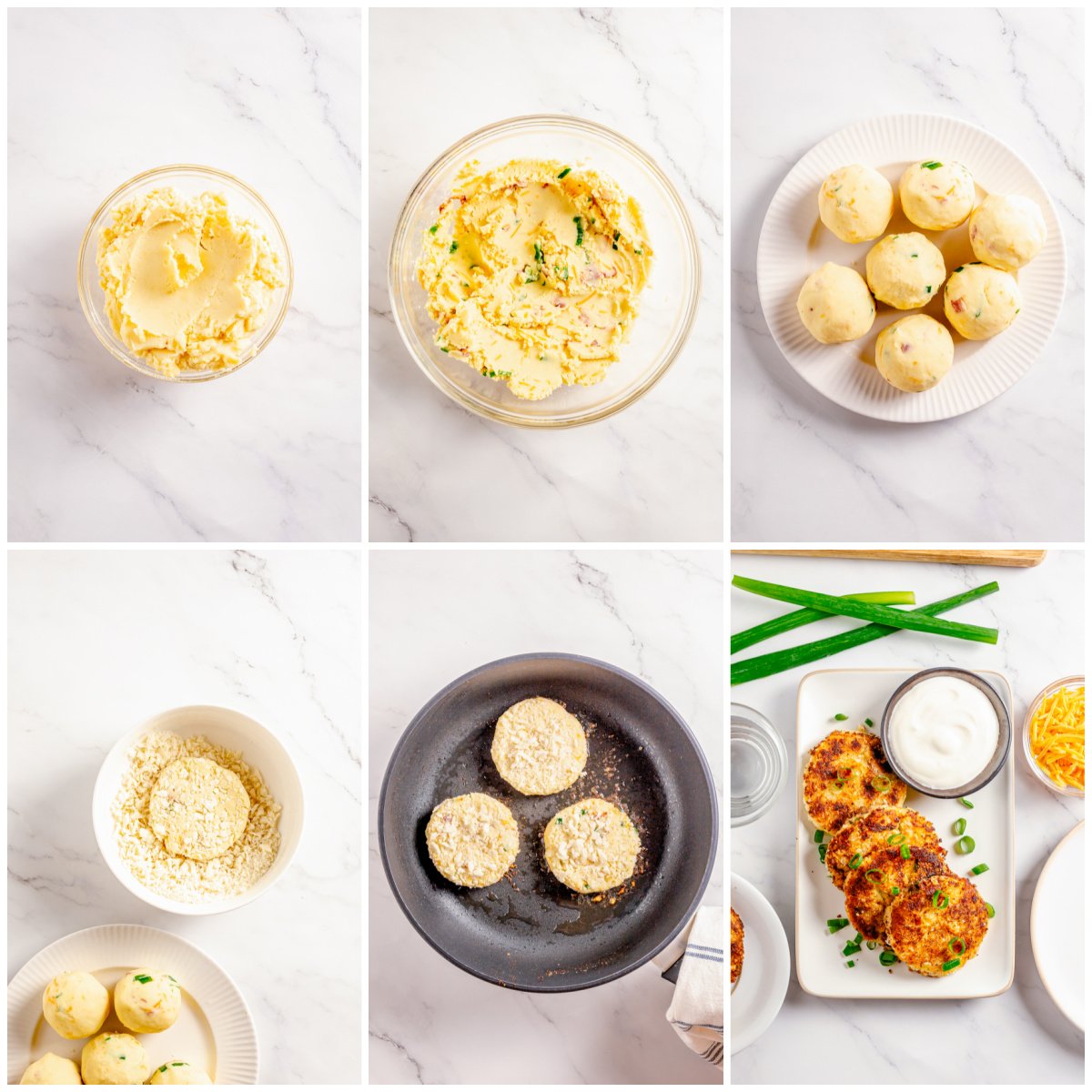 Step by step photos on how to make Loaded Mashed Potato Cakes.