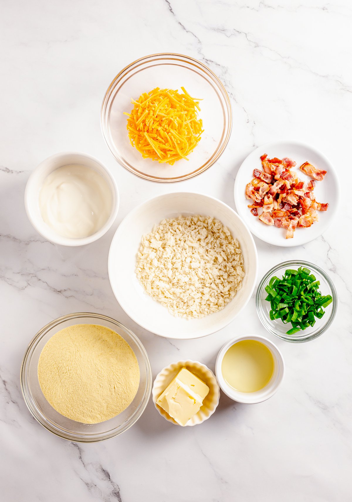 Ingredients needed to make Loaded Mashed Potato Cakes.