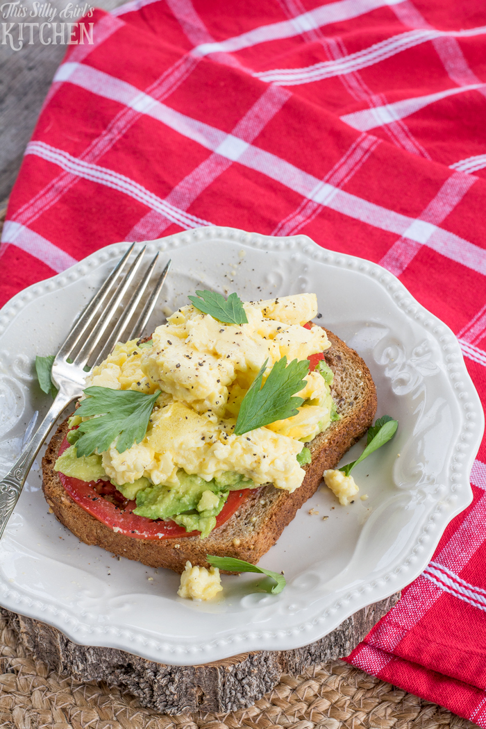 Scrambled Egg Avocado Toast, a filling, yummy breakfast or snack! from ThisSillyGirlsKitchen.com #ad #HarvestBlends