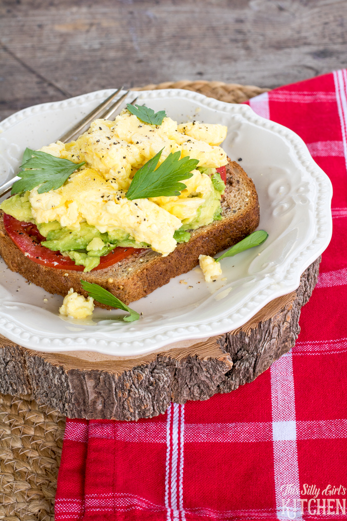 Scrambled Egg Avocado Toast, a filling, yummy breakfast or snack! from ThisSillyGirlsKitchen.com #ad #HarvestBlends