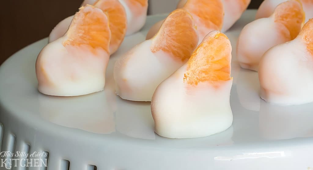 Close up of Frozen Yogurt Bites showing clementine segments dipped in frozen vanilla yogurt.
