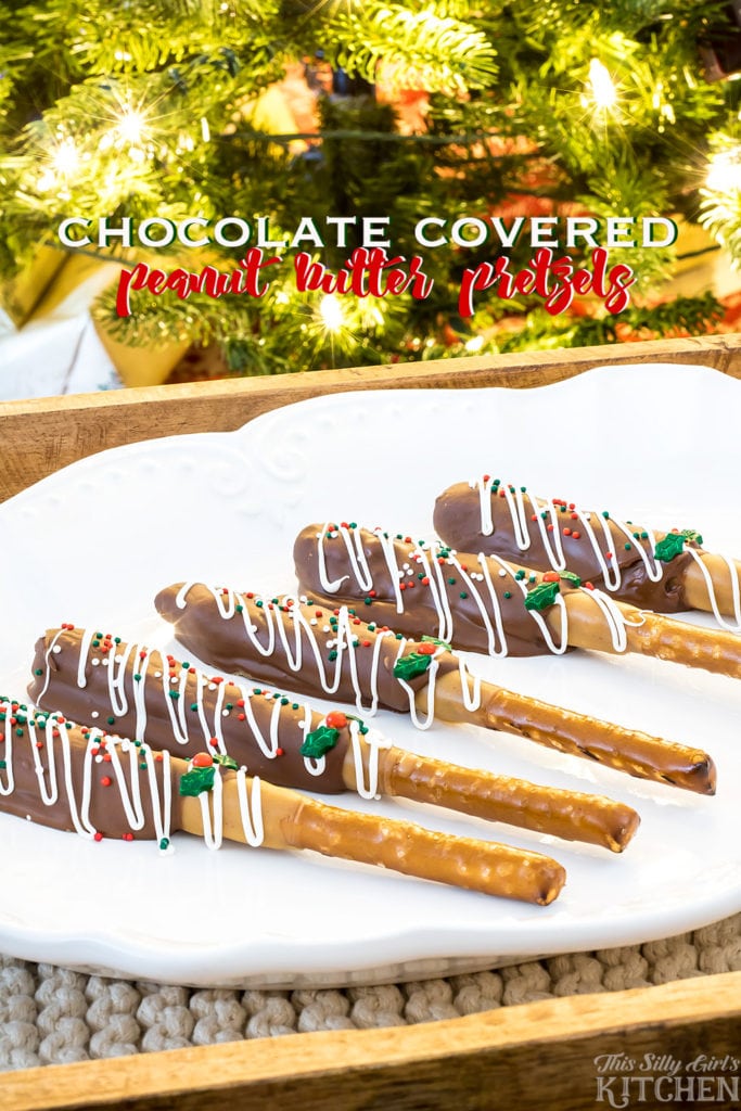 Chocolate Covered Peanut Butter Pretzels, pretzel rods dipped in peanut butter and chocolate, perfect for stocking stuffers! from ThisSillyGirlsKitchen.com