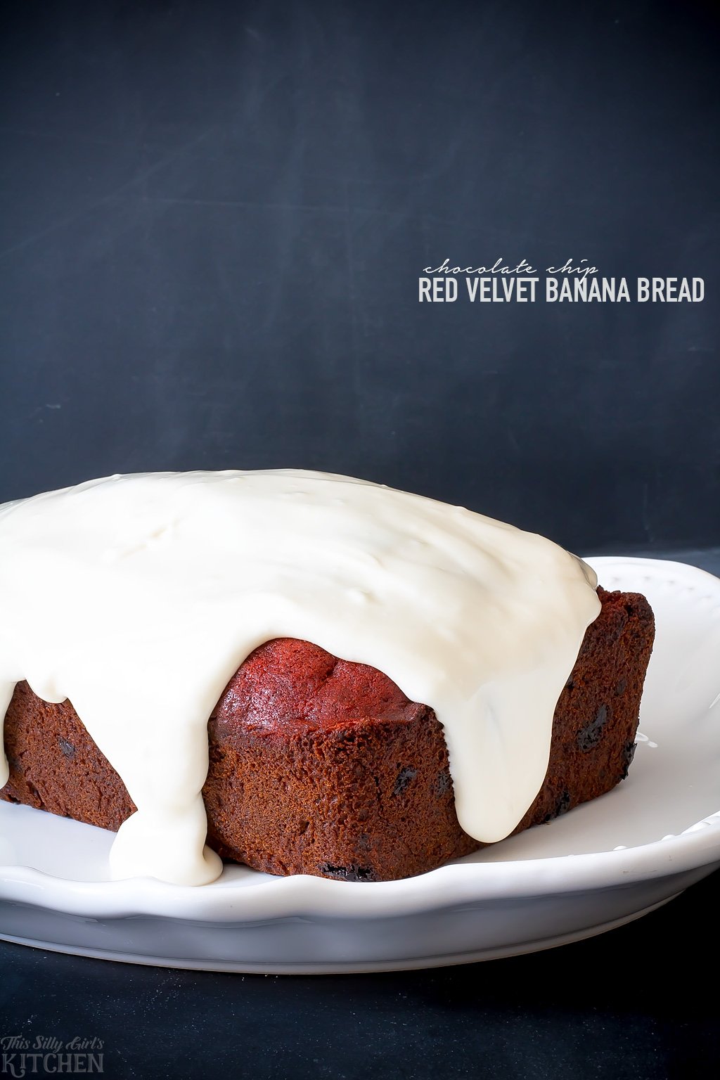 AD Chocolate Chip Red Velvet Banana Bread, classic banana bread and everyone's favorite cake, red velvet in one! Topped with thick cream cheese icing, swoon. from ThisSillyGirlsKitchen.com #groceryhero