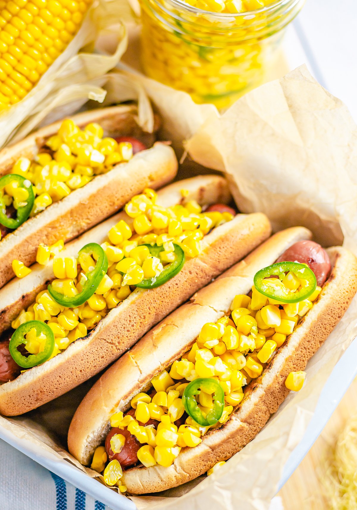 Corn Relish on top of hot dogs
