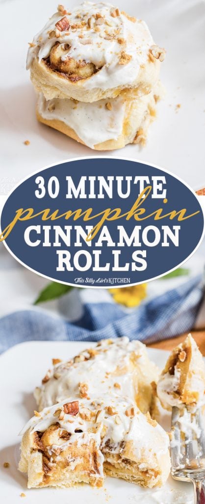Pumpkin Cinnamon Rolls in just 30 minutes with crunchy pecans and a sweet marshmallow glaze!  Recipe from ThisSillyGirlsKitchen.com