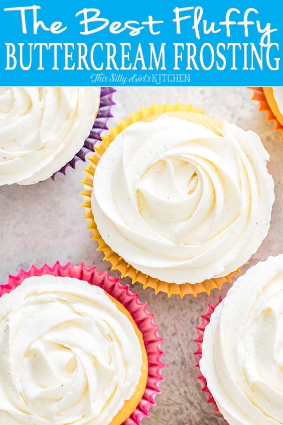 Pinterest image of cupcake with The Best Fluffy Buttercream Frosting