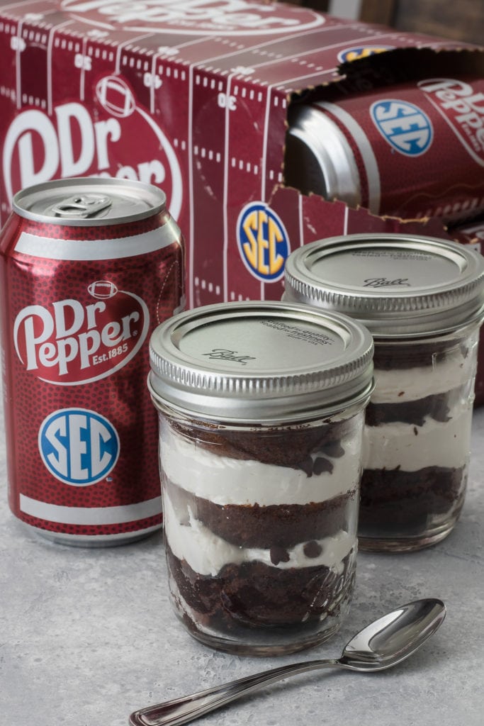 Dr Pepper Mason Jar Cupcakes, the cutest, no-mess cupcakes, perfect for your game day spread! Recipe from ThisSillyGirlsKitchen.com