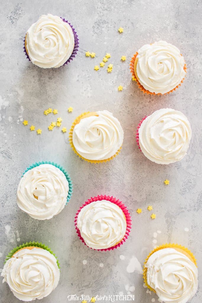 Overhead of cupcakes topped with Buttercream Frosting