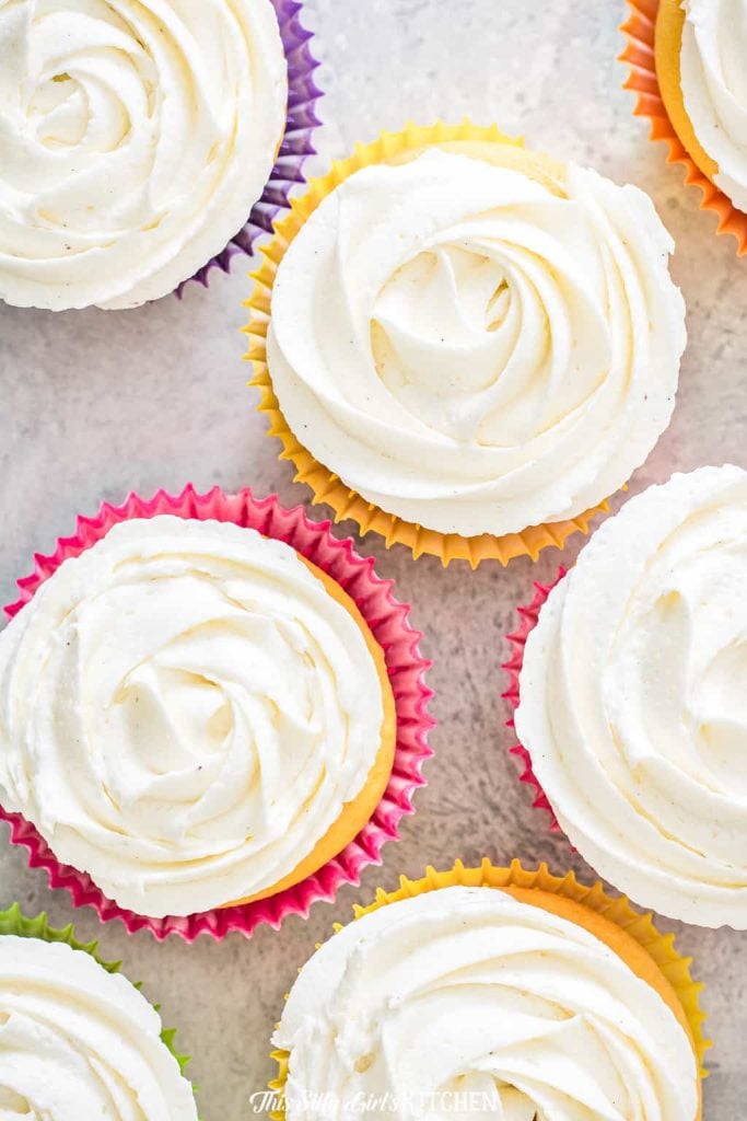 Fluffy Buttercream Frosting overhead image on cupcakes