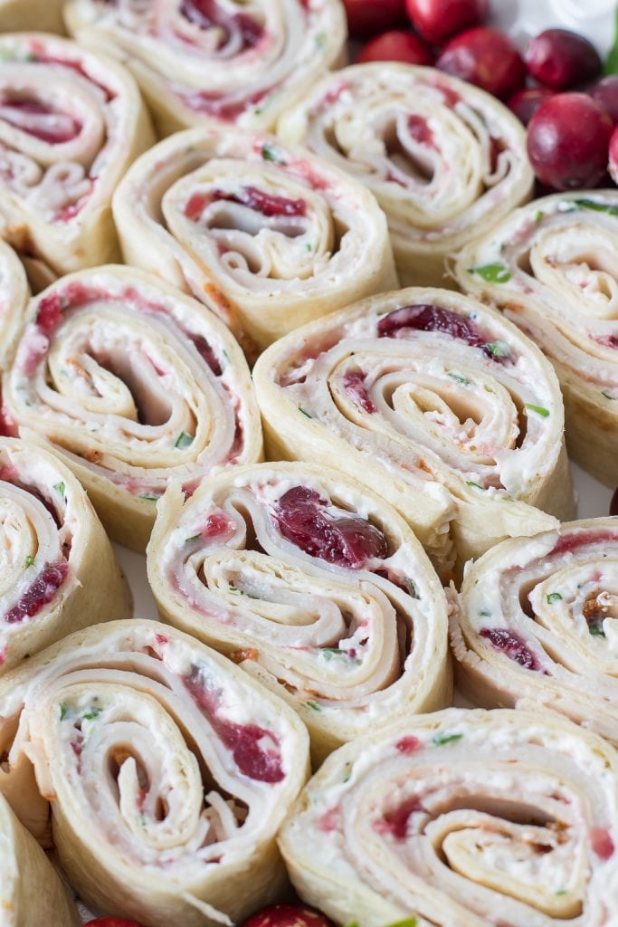 Close up of Cranberry Turkey Pinwheels on serving tray