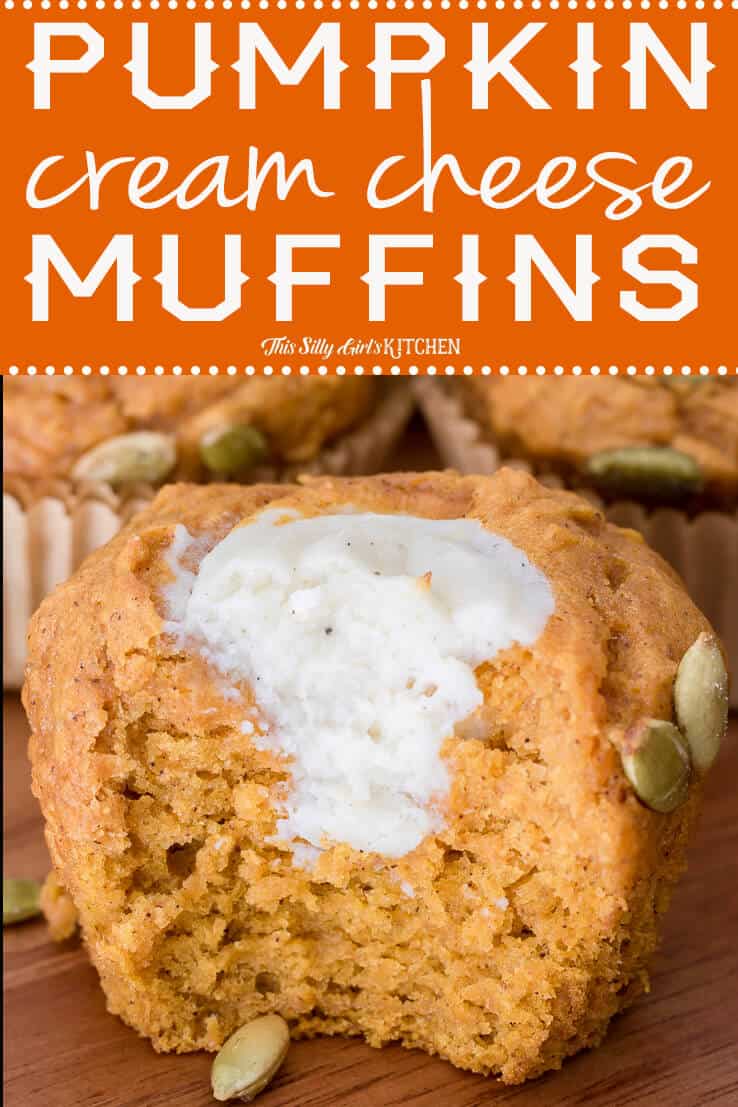 Pumpkin Cream Cheese Muffin with bite taken out showing center Pinterest image.