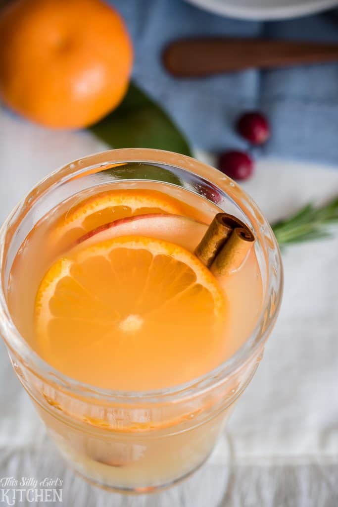 Overhead of inside glass of Rum Punch with fruit and cinnamon stick