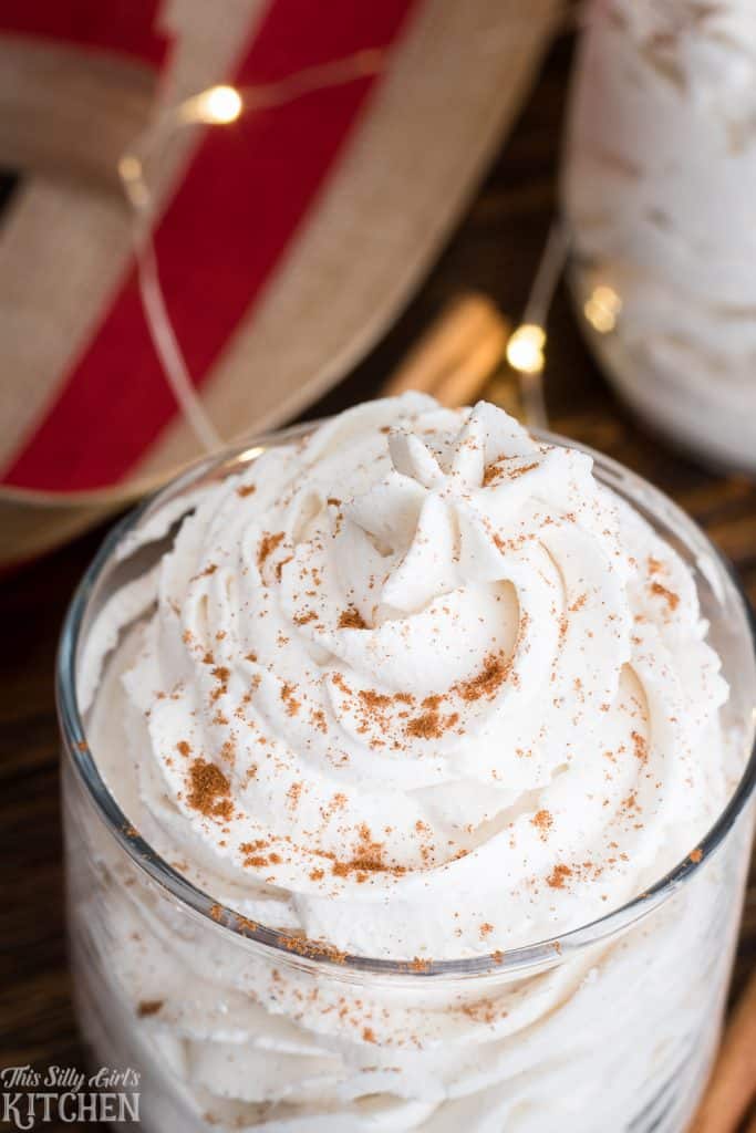 Heavy whipping cream whipped to stiff peaks with cornstarch and powdered sugar for the Stabilized Whipped Cream with Cornstarch Recipe.