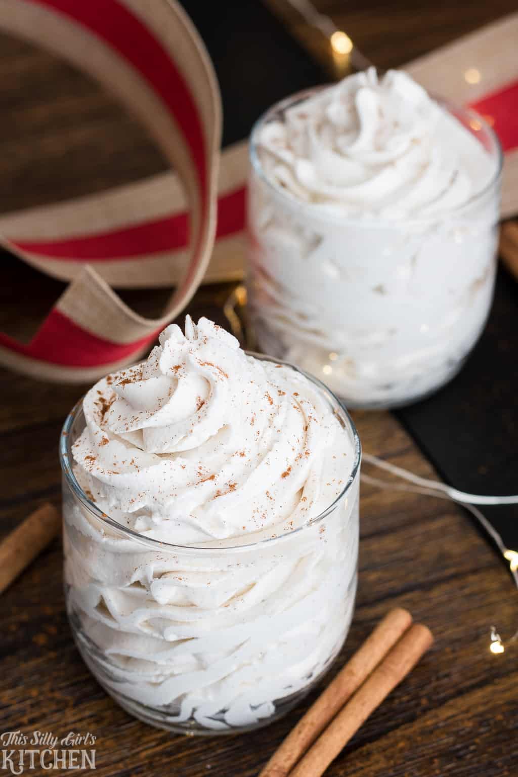 Cinnamon Stabilized Whipped Cream, foolproof recipe for stabilized whipped cream with a festive touch! #Recipe from ThisSillyGirlsKitchen.com #cinnamon #stabilizedwhippedcream #homemadewhippedcream