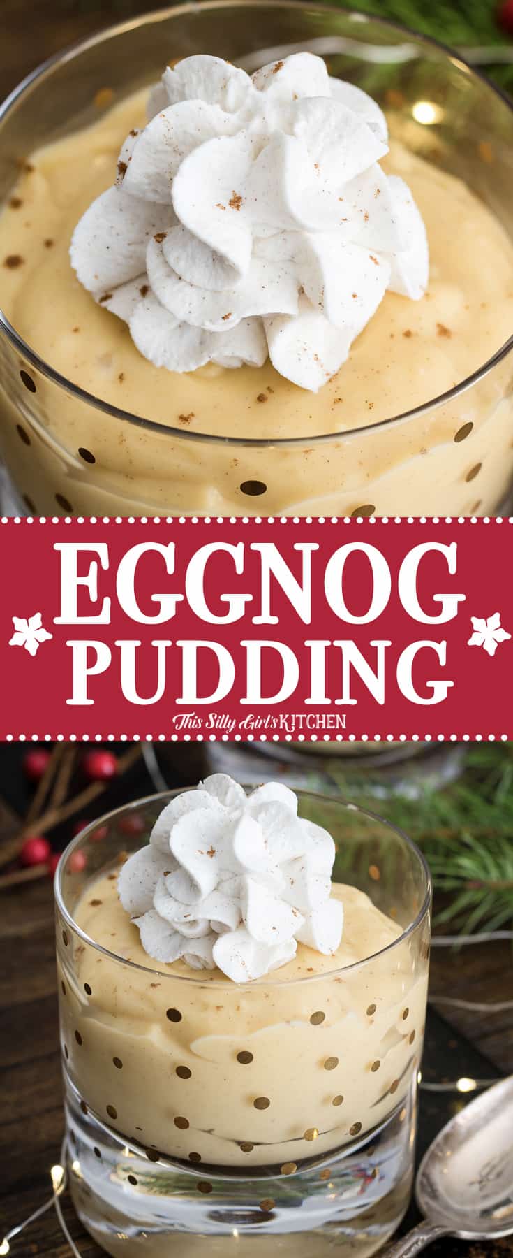 Collage image of Eggnog Pudding with words in middle