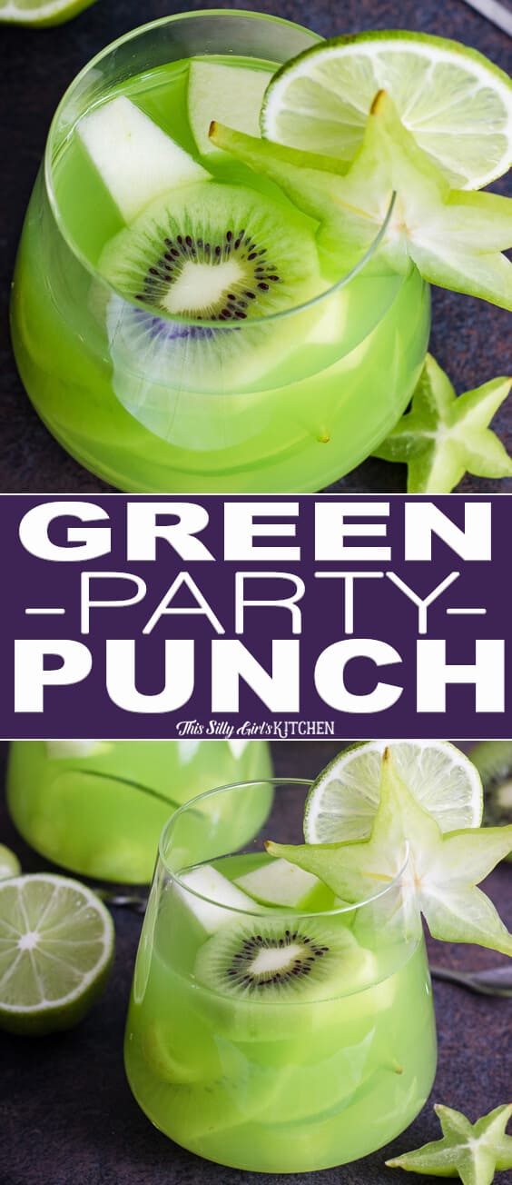 How To Make Green Party Punch, an easy and refreshing punch to serve at any party! #Recipe from ThisSillyGirlsKitchen.com #partypunch #punch #green #fruitpunch