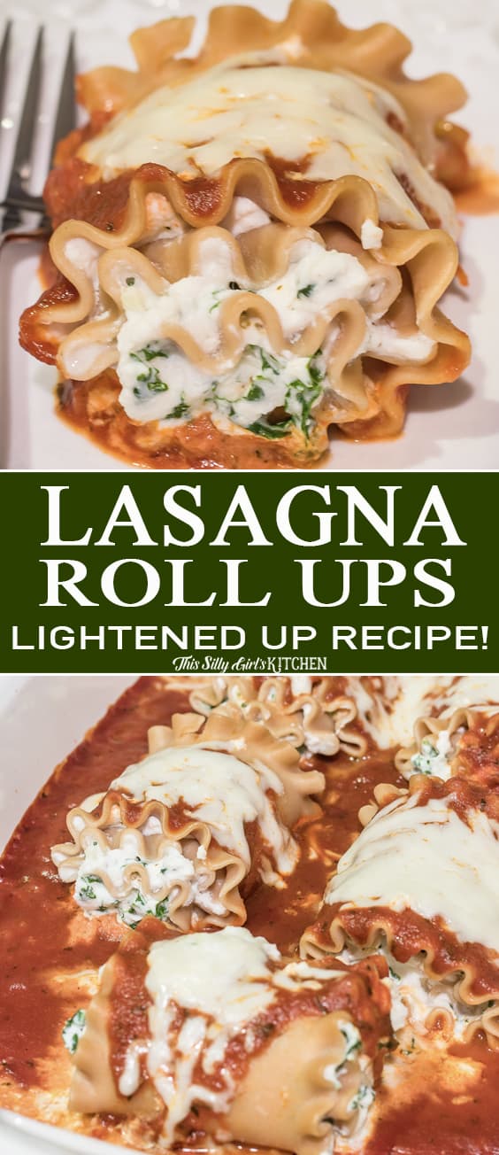 Lasagna Rolls Recipe, little packages filled with ricotta cheese and sauteed kale, a lightened up recipe full of flavor! #Recipe from ThisSillyGirlsKitchen.com #lasagna #skinny #lasagnarolls