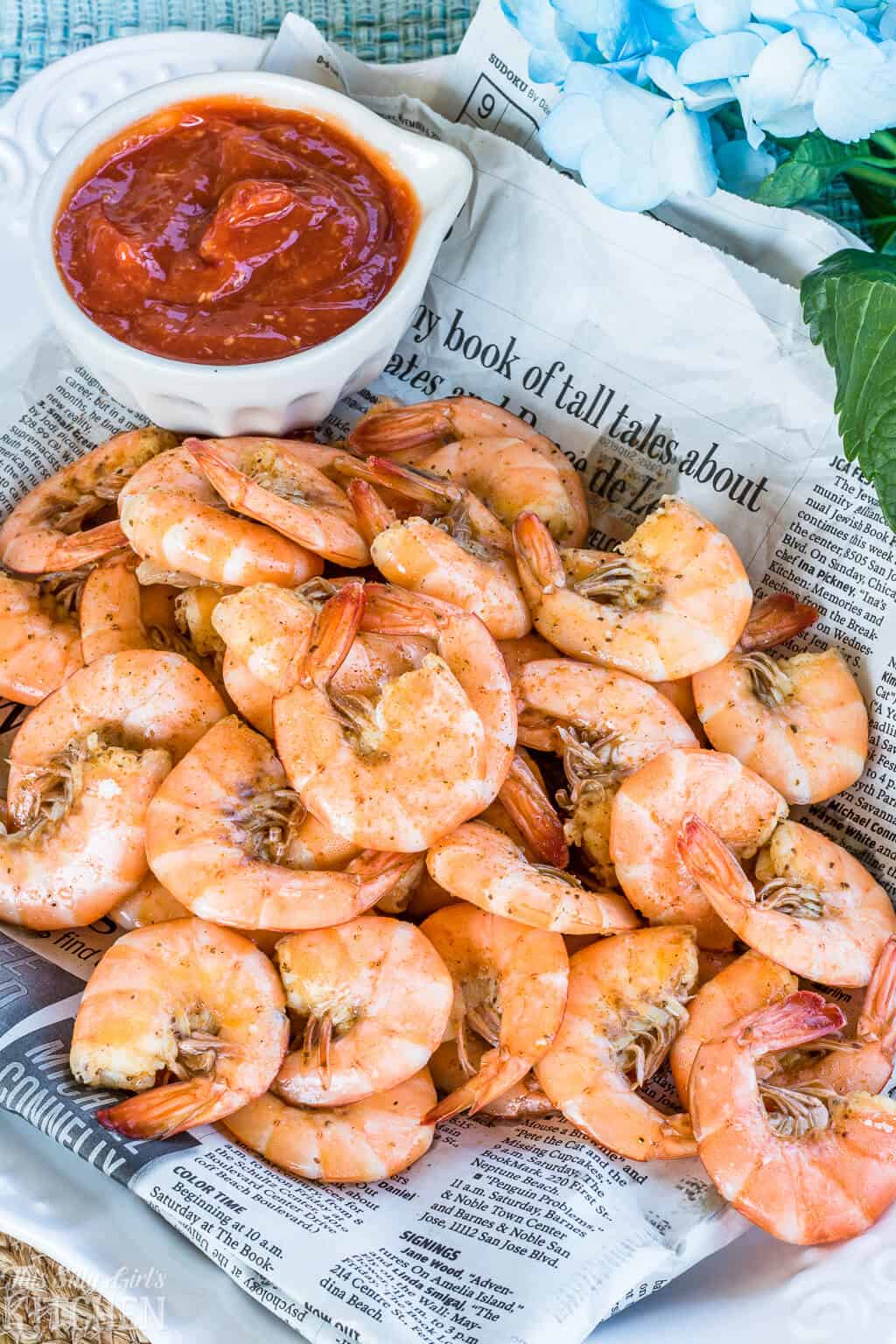 Peel and Eat Shrimp Cocktail, boiled in a rich beer stock makes this one super flavorful shrimp cocktail! #Recipe from ThisSillyGirlsKitchen.com #shrimp #shrimpcocktail #cocktailsauce