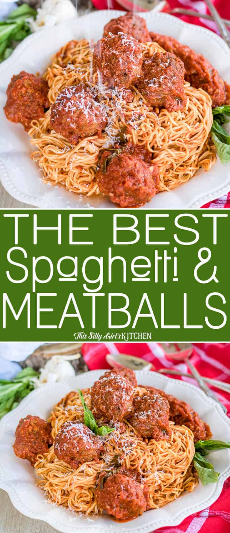 Spaghetti and Meatballs on white plate Pinterest Image