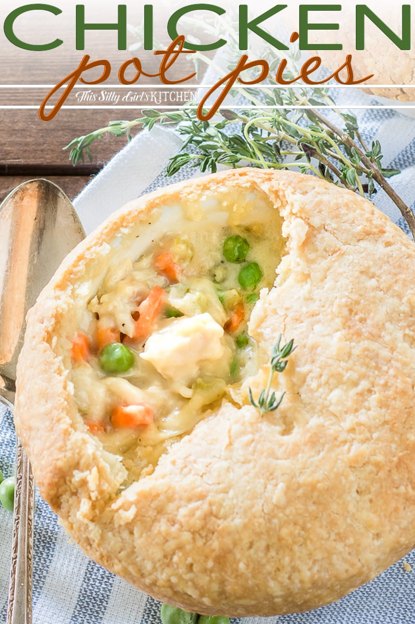 Chicken Pot Pies, individual pot pies with a creamy, rich filling topped with THE BEST cream cheese crust! #Recipe from ThisSillyGirlsKitchen.com #potpie #chicken #chickenpotpie #dinner
