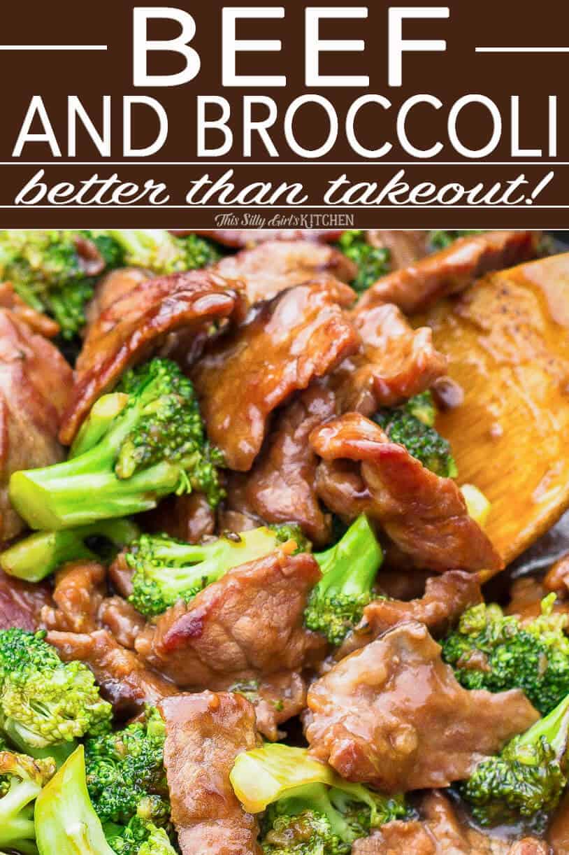 Beef and Broccoli Pinterest image with wooden spoon in pan