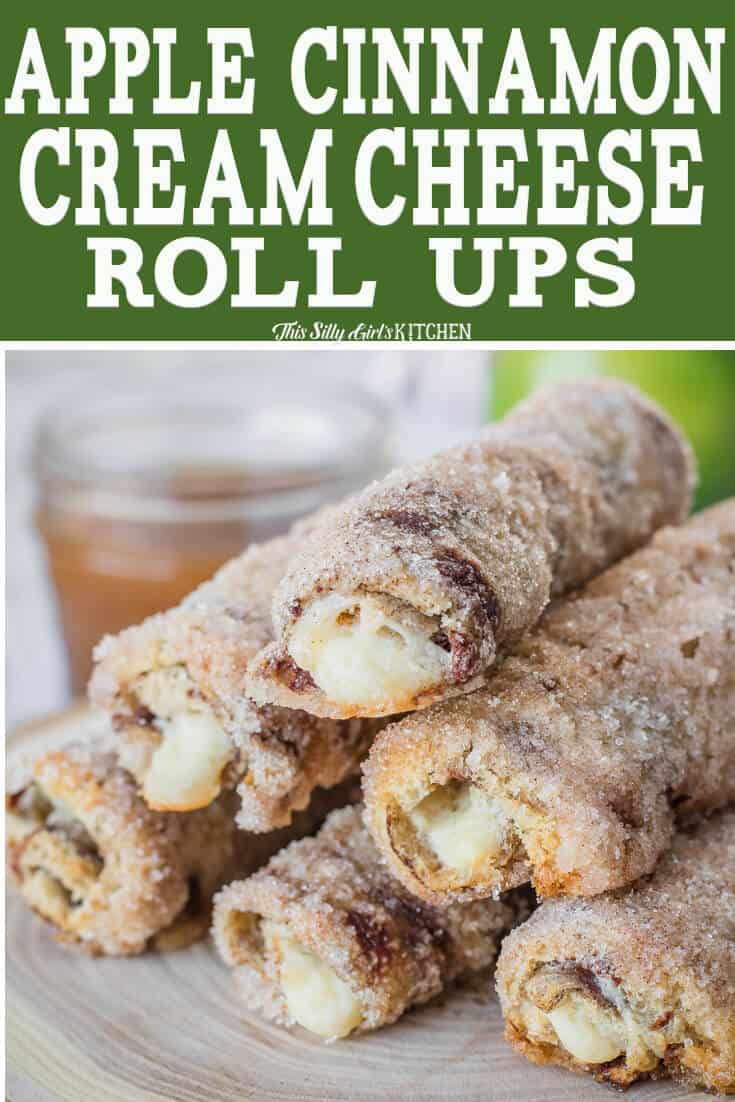 Pinterest image of Cream Cheese RollUps stacked with filling sticking out ends.