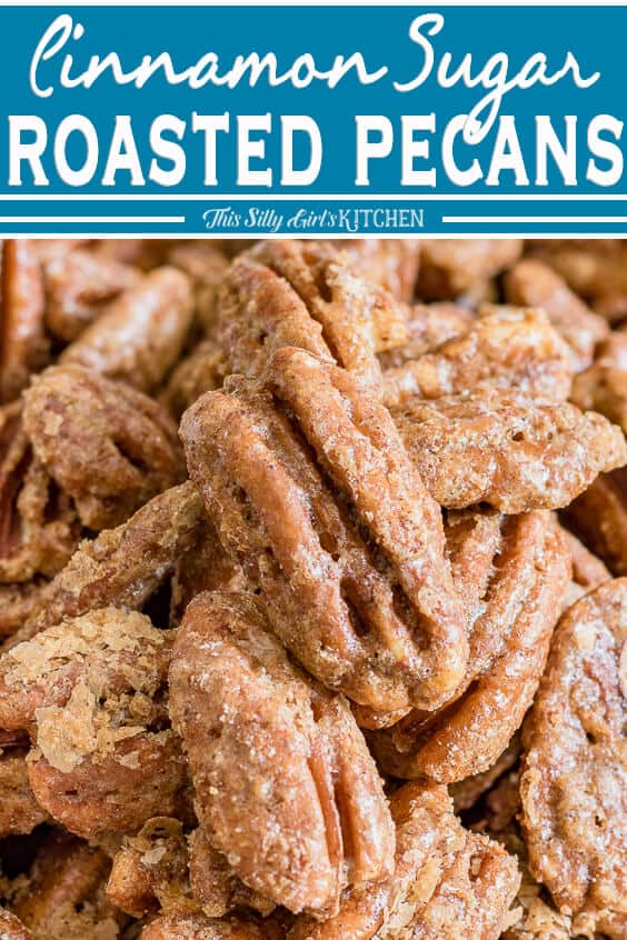 Close up of pecans with Title of recipe at top of photo
