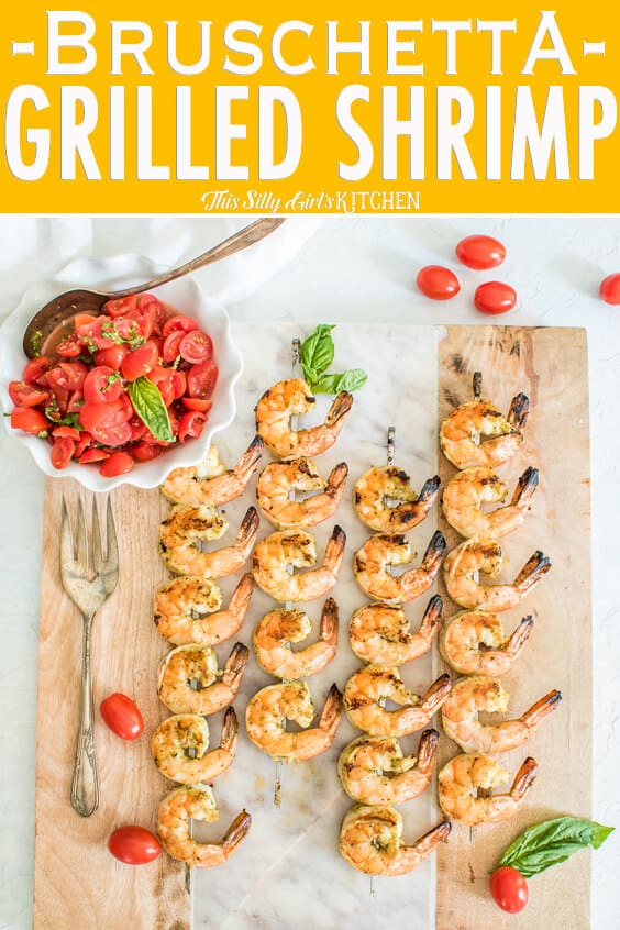 Pinterest image of Bruschetta Grilled Shrimp with title on top
