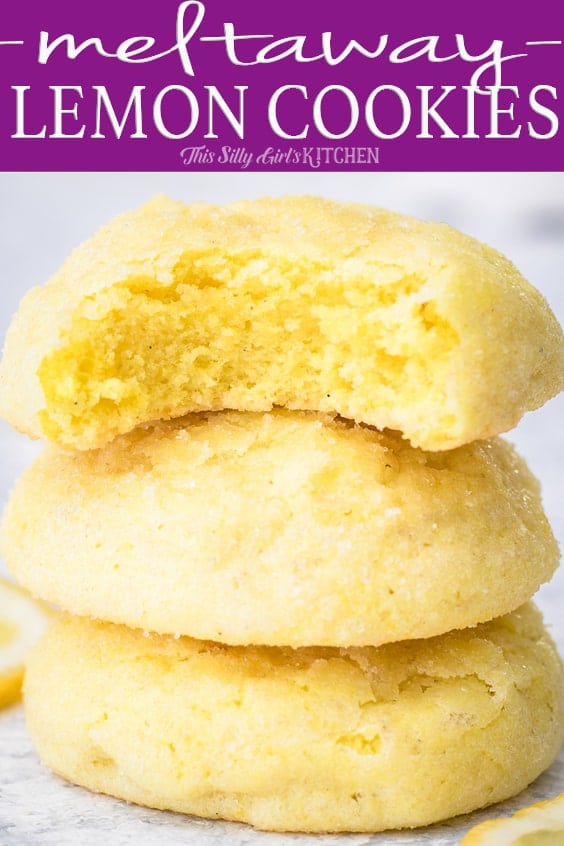 Three stacked Lemon Cookies with bite taken out of top one Pinterest image