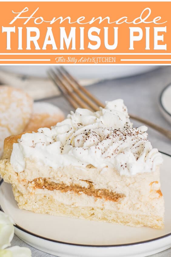 Close up of slice of Tiramisu Pie on plate Pinterest Image