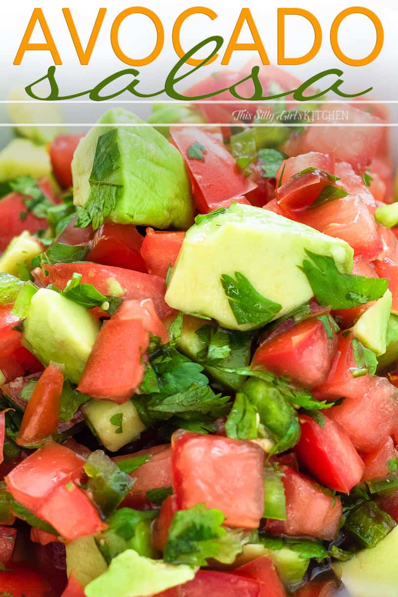 Close up of salsa showing chopped up ingredients Pinterest image