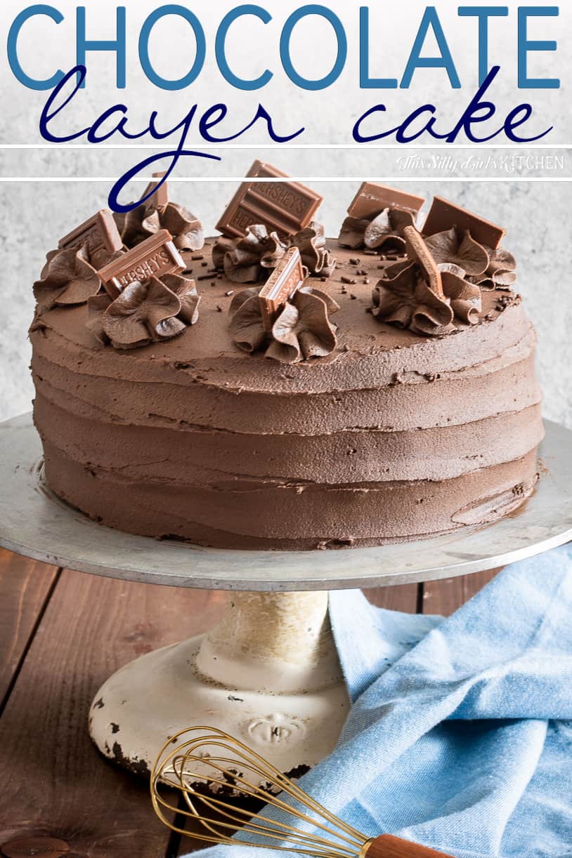 Chocolate Layer Cake on cake stand Pinterest Image
