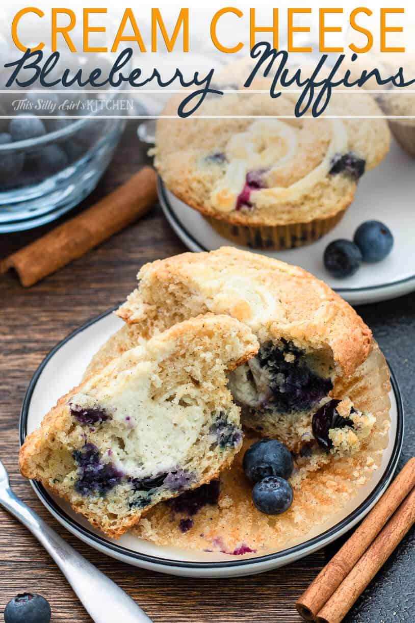 Best Blueberry Muffins split open on white plate Pinterest image.