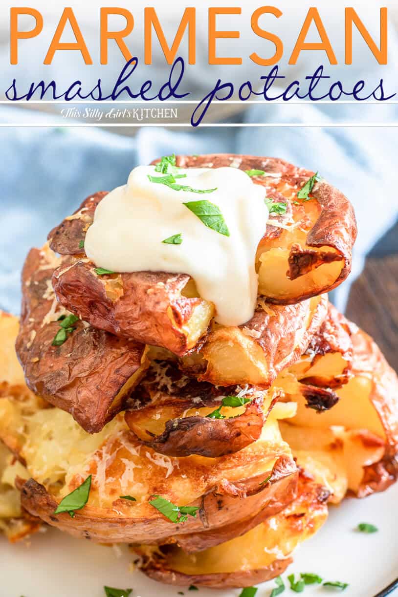 Parmesan Smashed Potatoes served with roasted garlic aioli is an easy and hearty side dish. #recipe from thissillygirlskitchen.com #potatoes #sidedish #potatosidedish #smashedpotatoes #parmesanpotatoes #garlic #garlicaioli