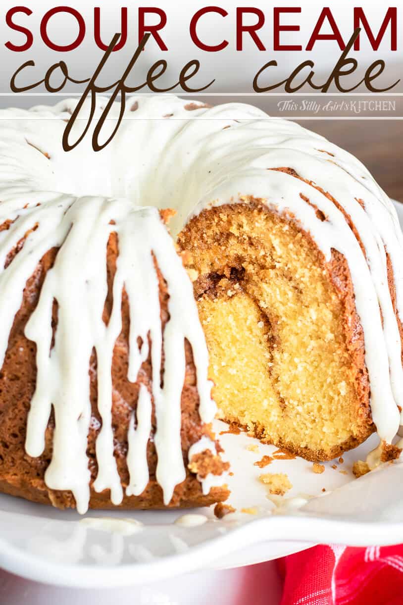 Close up of slice missing of Sour Cream Coffee Cake Pinterest Image
