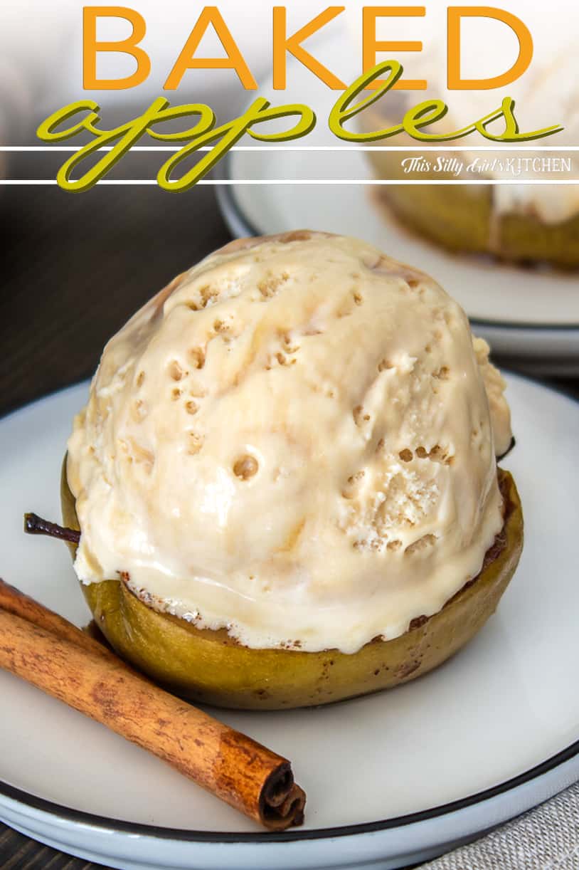Pinterest image close up of one Baked Apple with ice cream on top.
