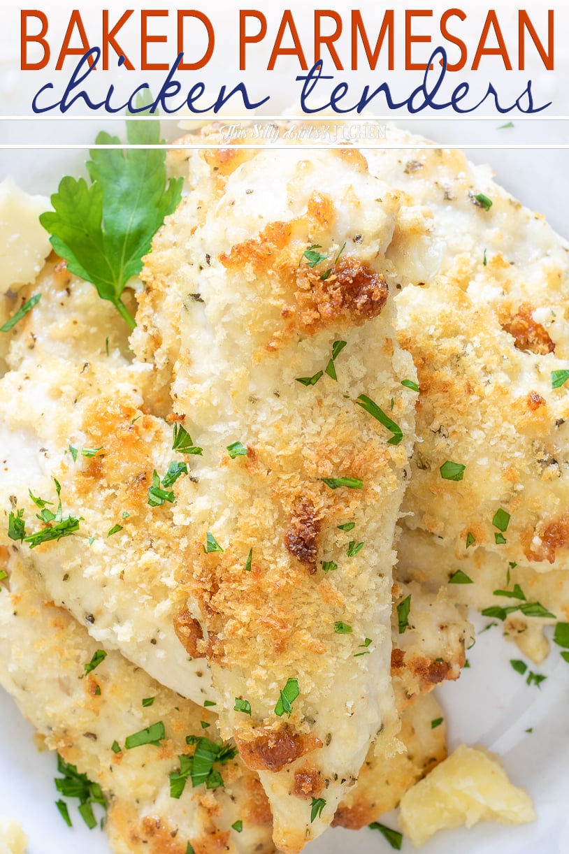 These chicken tenders are baked, with a flavorful parmesan coating that gets rave reviews each time I make them! #recipe from thissillygirlskitchen.com #chickentenders #bakedchickentenders #chicken #dinner #parmesan