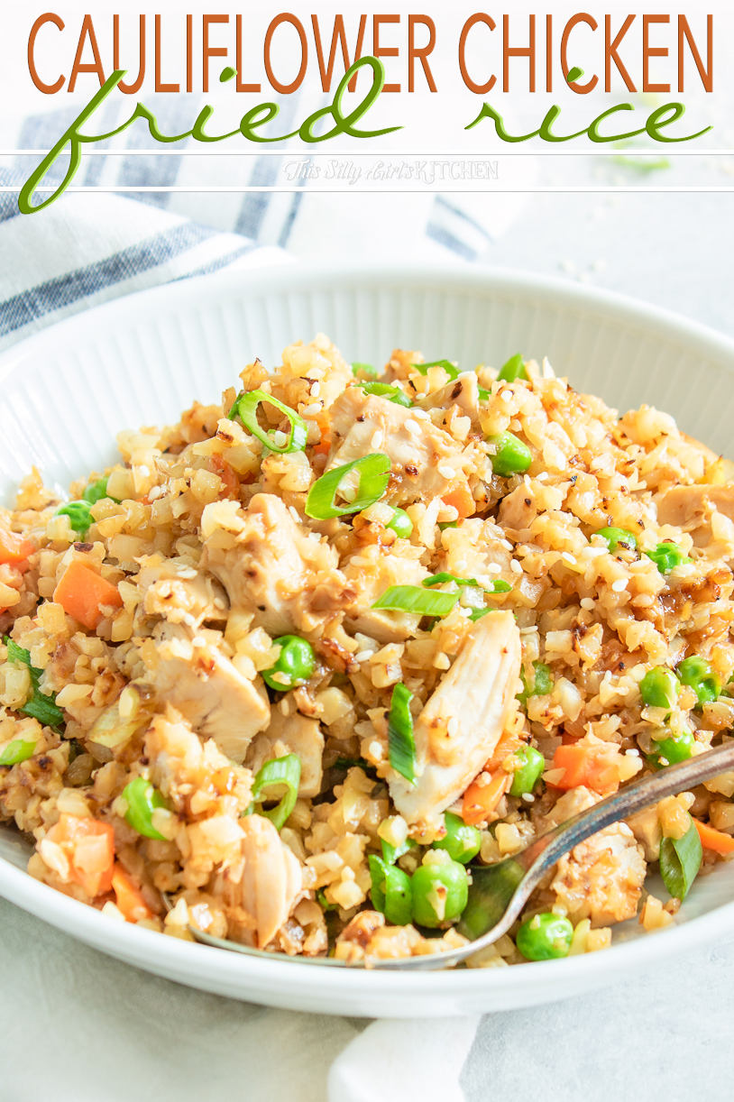 Loaded with veggies and chicken this cauliflower chicken fried rice is a healthier alternative to classic fried rice. #recipe from thissillygirlskitchen.com #friedrice #chicken #chickenfriedrice #cauliflowerrice
