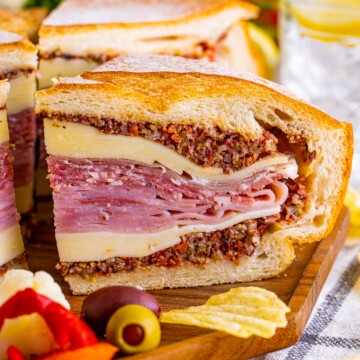 Close up of one slice of the Muffuletta.