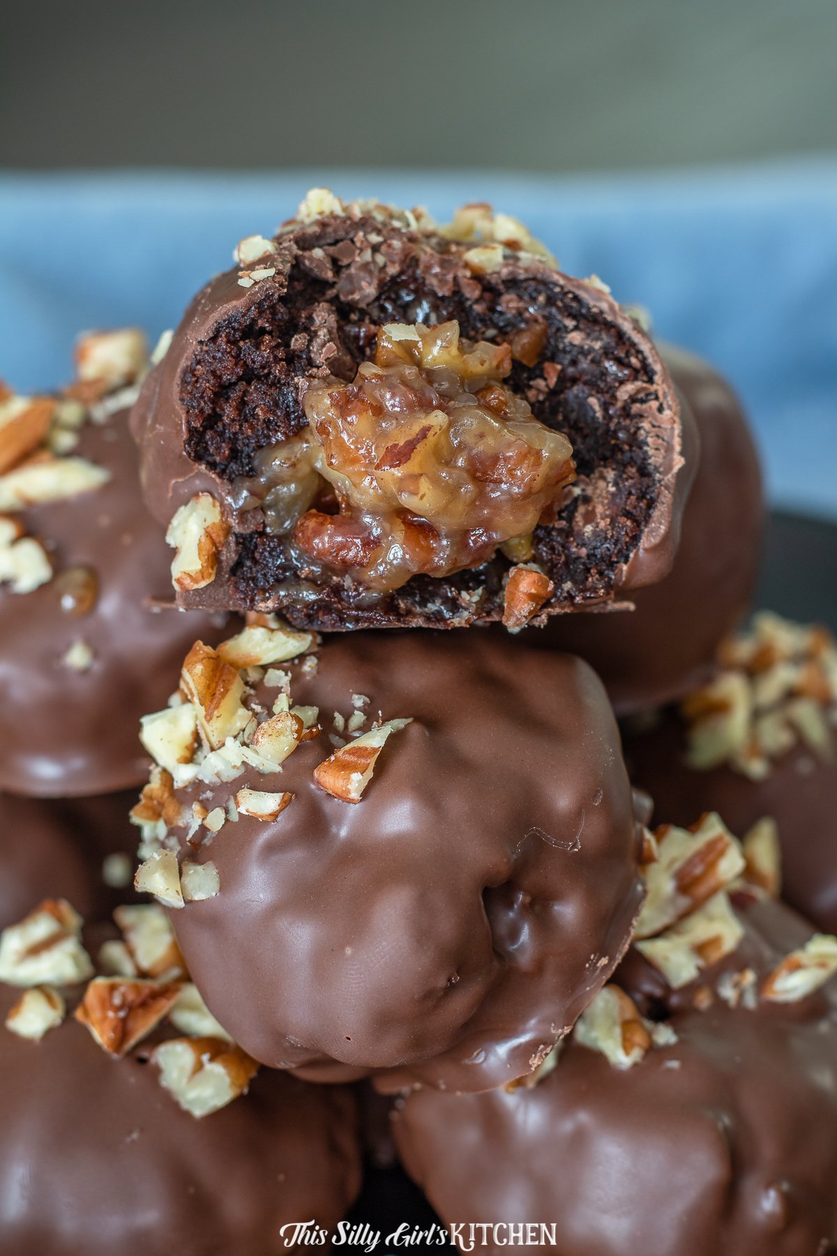 Stacked Pecan Pie Brownie Bombs showing center of one