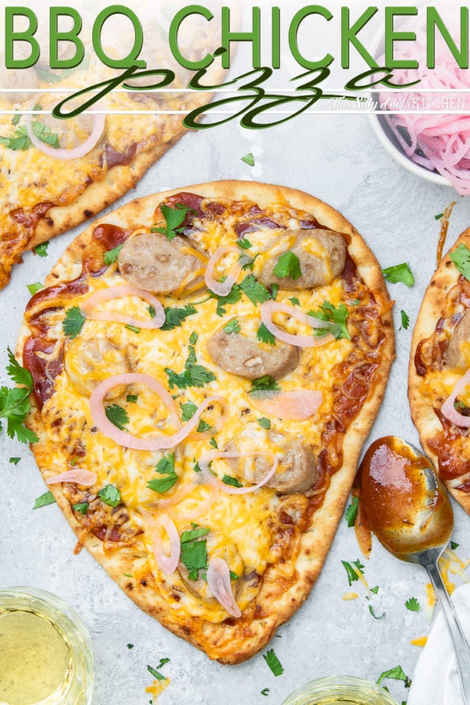 Close up overhead of BBQ Chicken Pizza pinterest image