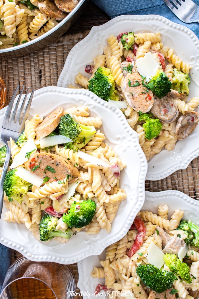 Plated chicken broccoli pasta up close