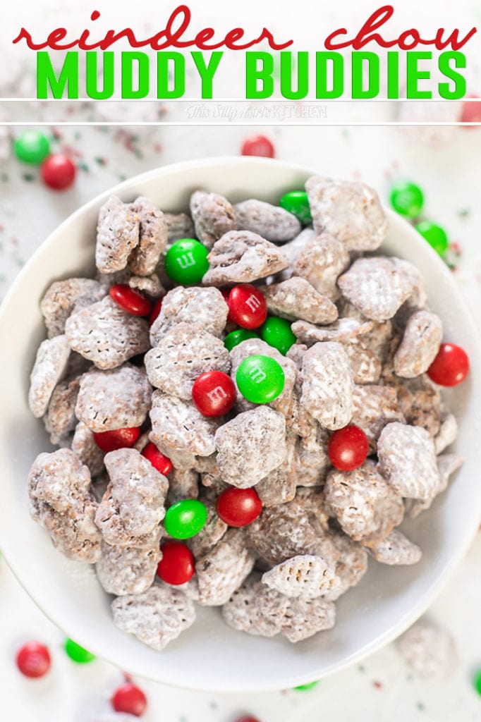 Close up of white bowl filled with Reindeer Chow Muddy Buddies Pinterest image