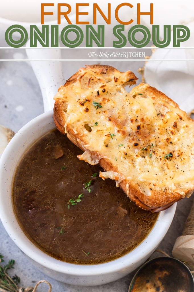Close up of one bowl of French Onion Soup with bread Pinterest Image