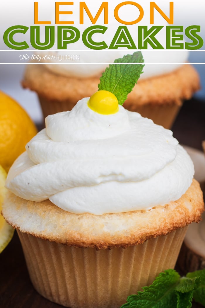 Close up of one Lemon Cupcake Pinterest image