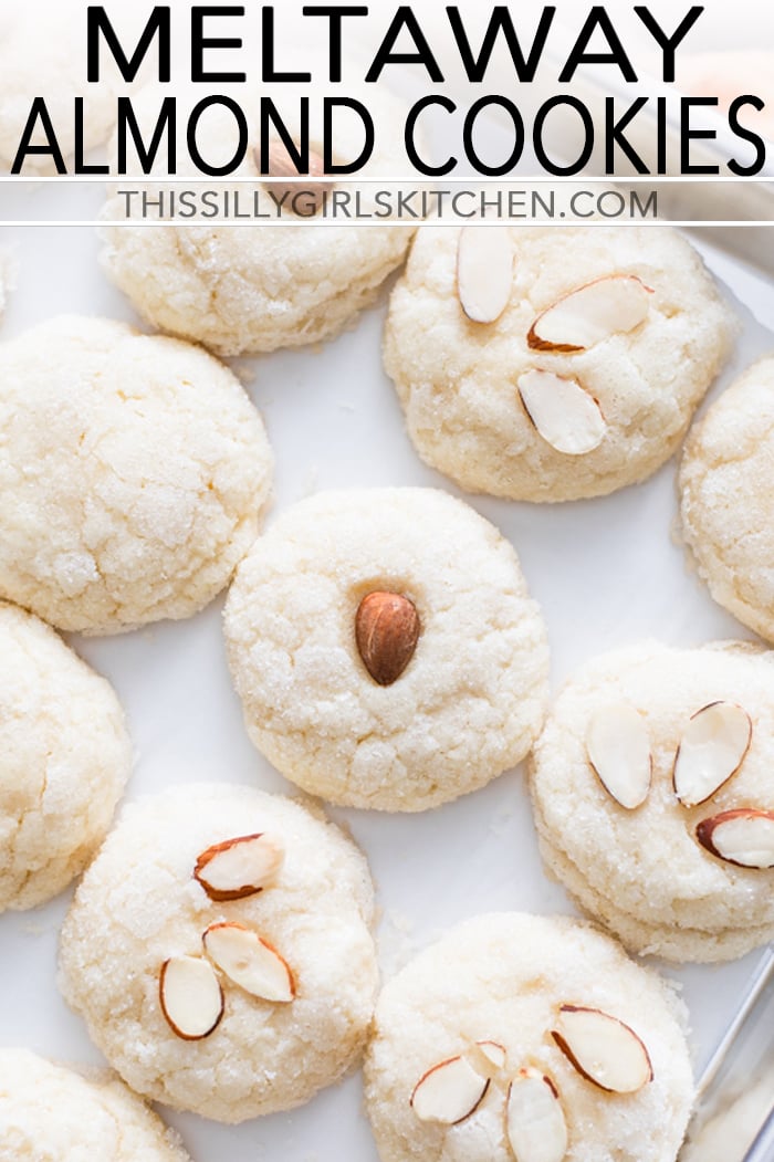 Overhead photos of Meltaway Almond Cookies on baking sheet pinterest image
