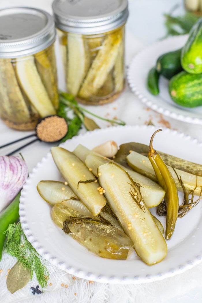 dill pickle recipe for canning on a white plate